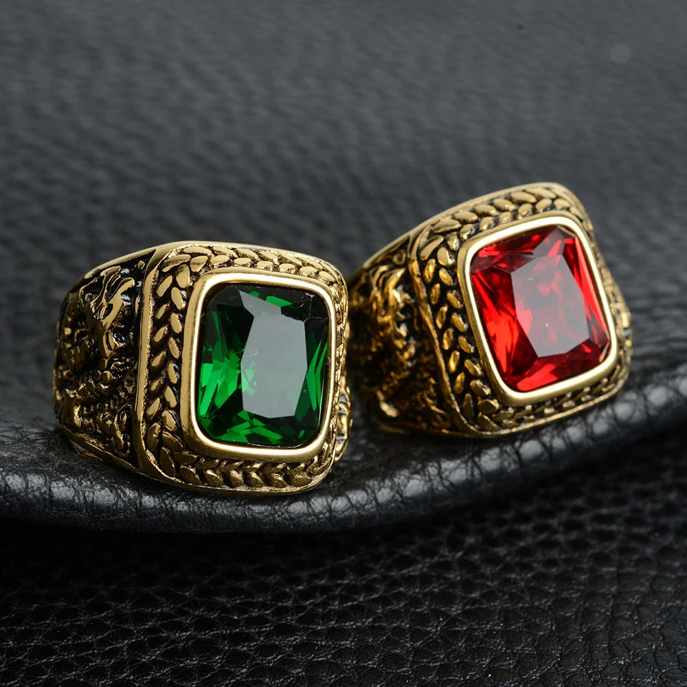 Hot New Men's Titanium Steel Geometric Fly Dragon Ring Oval Cut Zircon Stone Blue Black Green Red-Hip Hop Jewelry for Parties