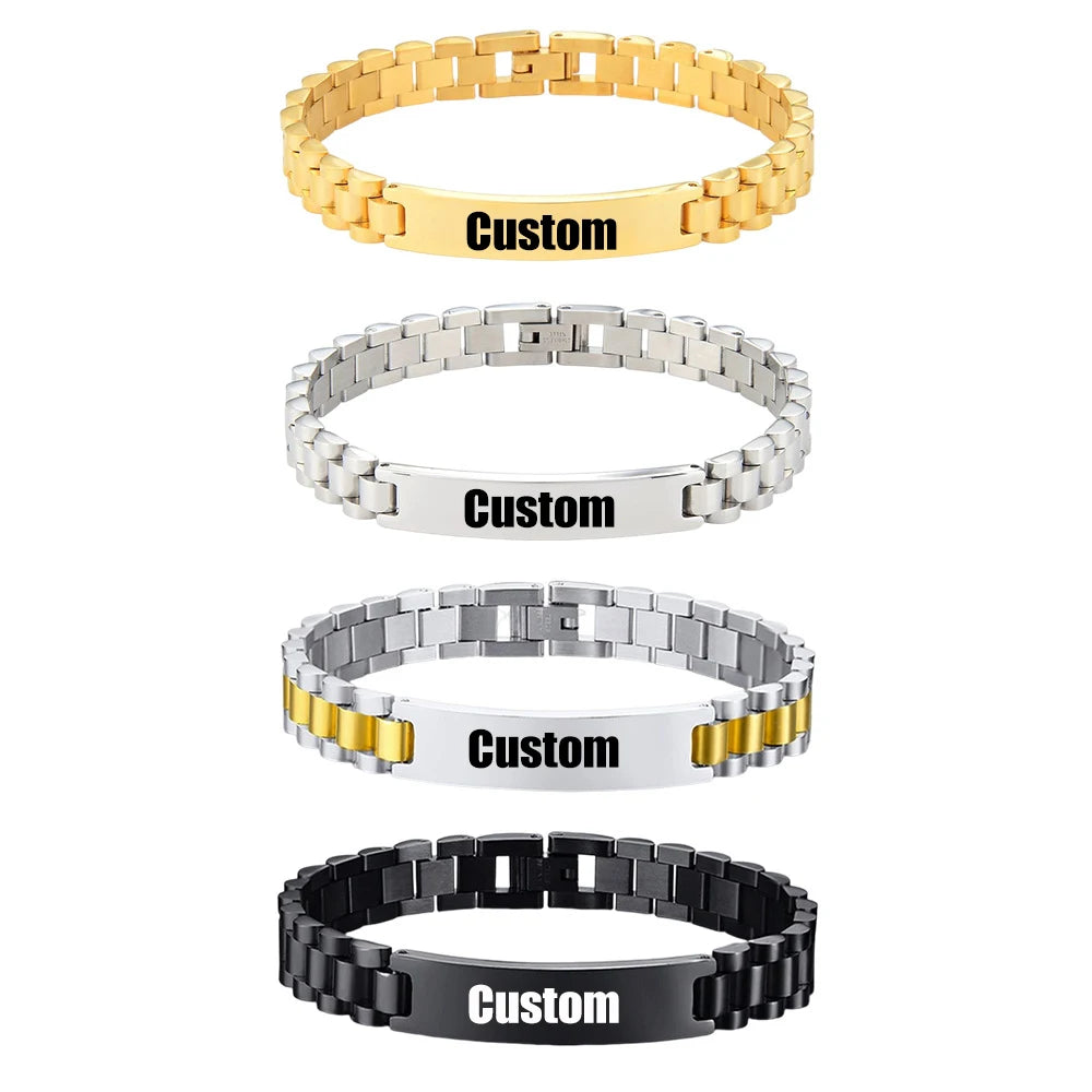 Men's Jewelry Engraved Name Bracelet 10/12/15mm Wide Pendant Stainless Steel Bar Custom Nameplate Bracelet Bangle for Hip Hop