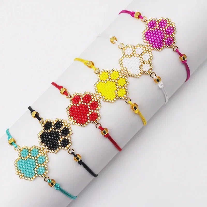 Handmade Boho Adjustable Heart-Shaped Pattern Bracelet Miyuki Seed Beads Gold Dog Paw Design Fashionable Animal Slap Bracelet