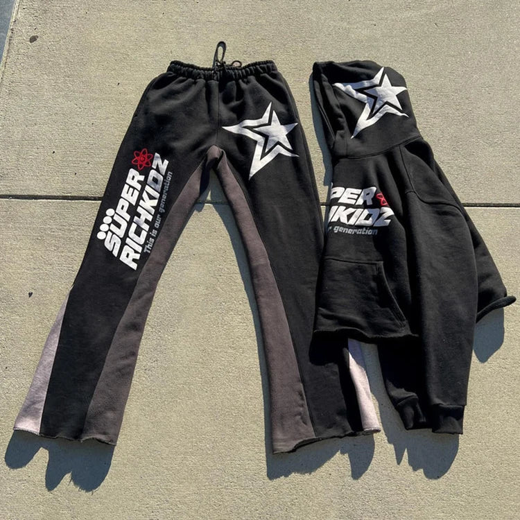 Custom Cotton Print Cut Raw Hem Edge Hoodie Pant Men Tracksuit Stacked Flared Mens Two Pieces Jogger Sets
