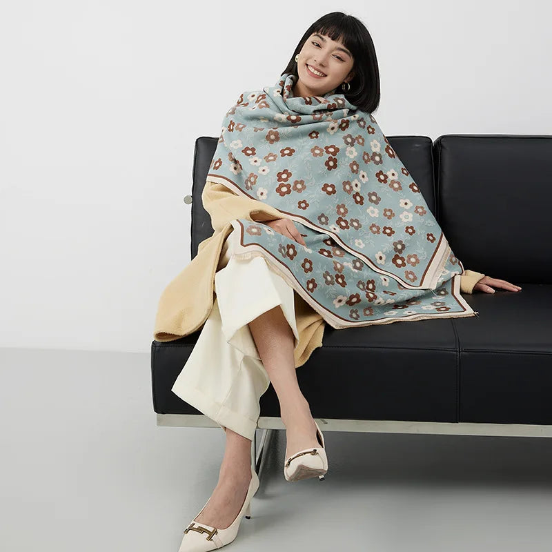 Sweet Flower Women's Korean-Style Polyester Scarves Versatile Refined Touch for Autumn Winter Thicker Shawls Available Wholesale