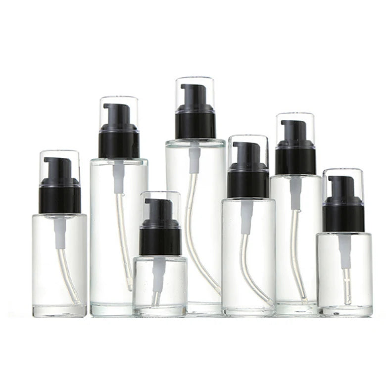 Flat Shoulder Transparent Toner Spray Emulsion Pump Glass Bottle with Black Spray Pump Head