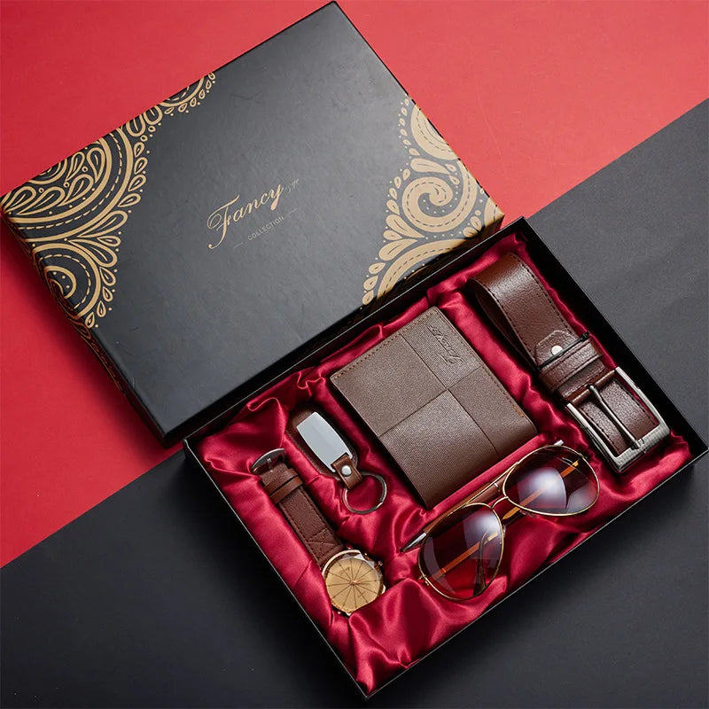Men Gift Set Luxury Leather Sets Watch Key Chain Wallet Belt Bracelet Rosary Box Present Business Gift for Men
