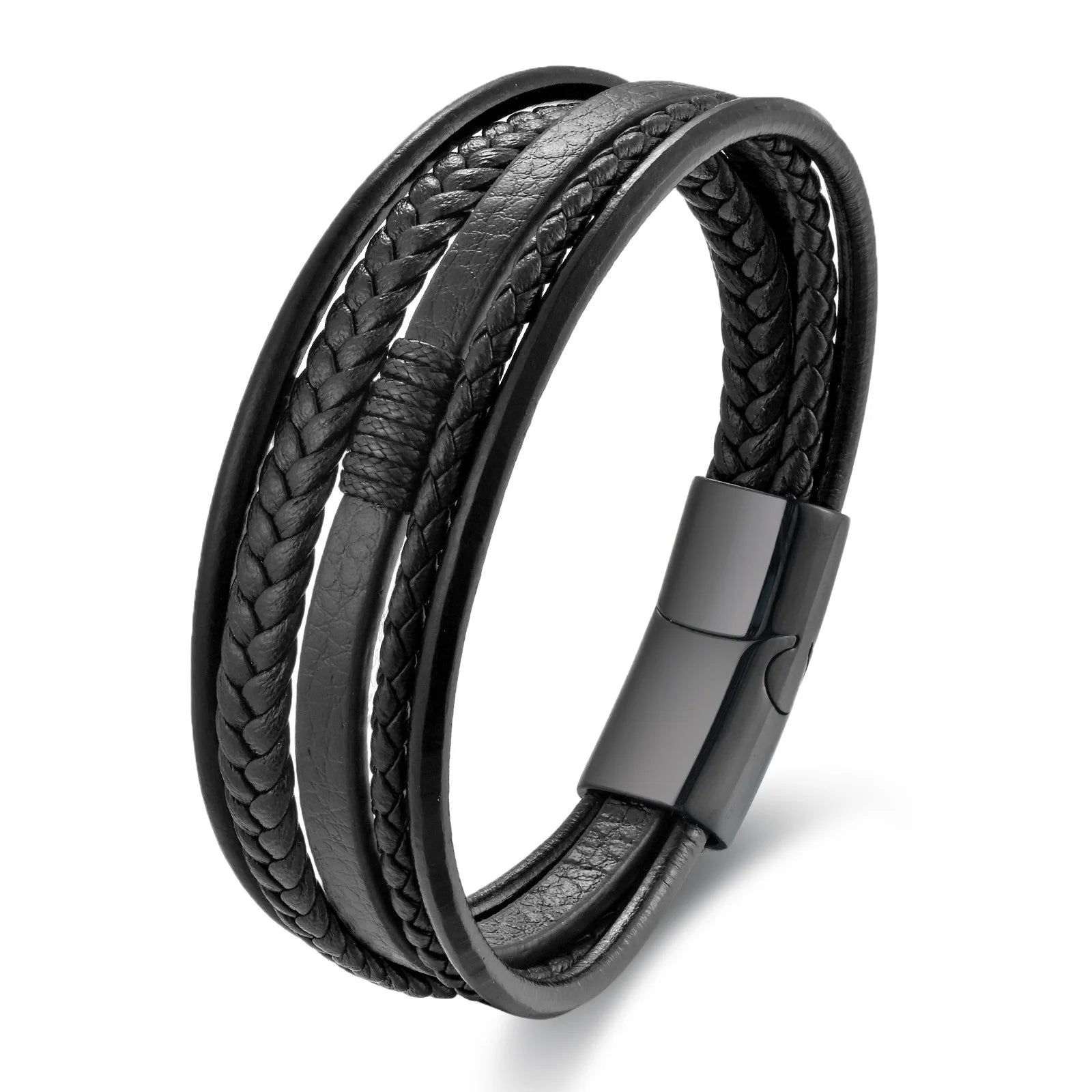 Simple Style Men's Genuine Leather Bracelet Classic Stainless Steel Clasp Multi-layer Braid Bangle Men Women Jewelry Gift