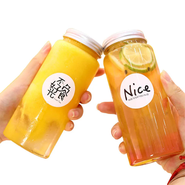 Customized Printed LOGO 380ml 500ml Cold Drink Juice Milk Tea Bottle Square Transparent PET Bottle with Aluminum Lid