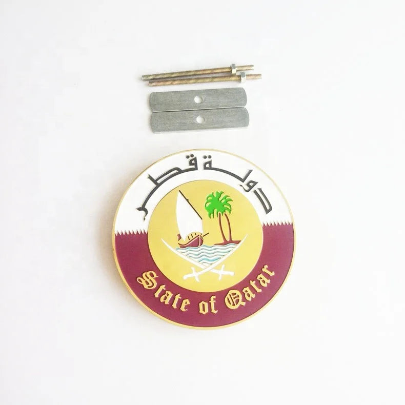 Hot Top Sale Metallic Zamac Zamak Gold Metal Crafts State of Qatar Circle Car Grille Grill Badge Emblem Plate for Car Decoration