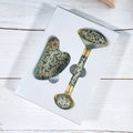 Hongzhuo Hot Selling Jade Roller Natural Gold Metal Dalmatian jasper Roller Heart Gua Sha Stone Set Kit