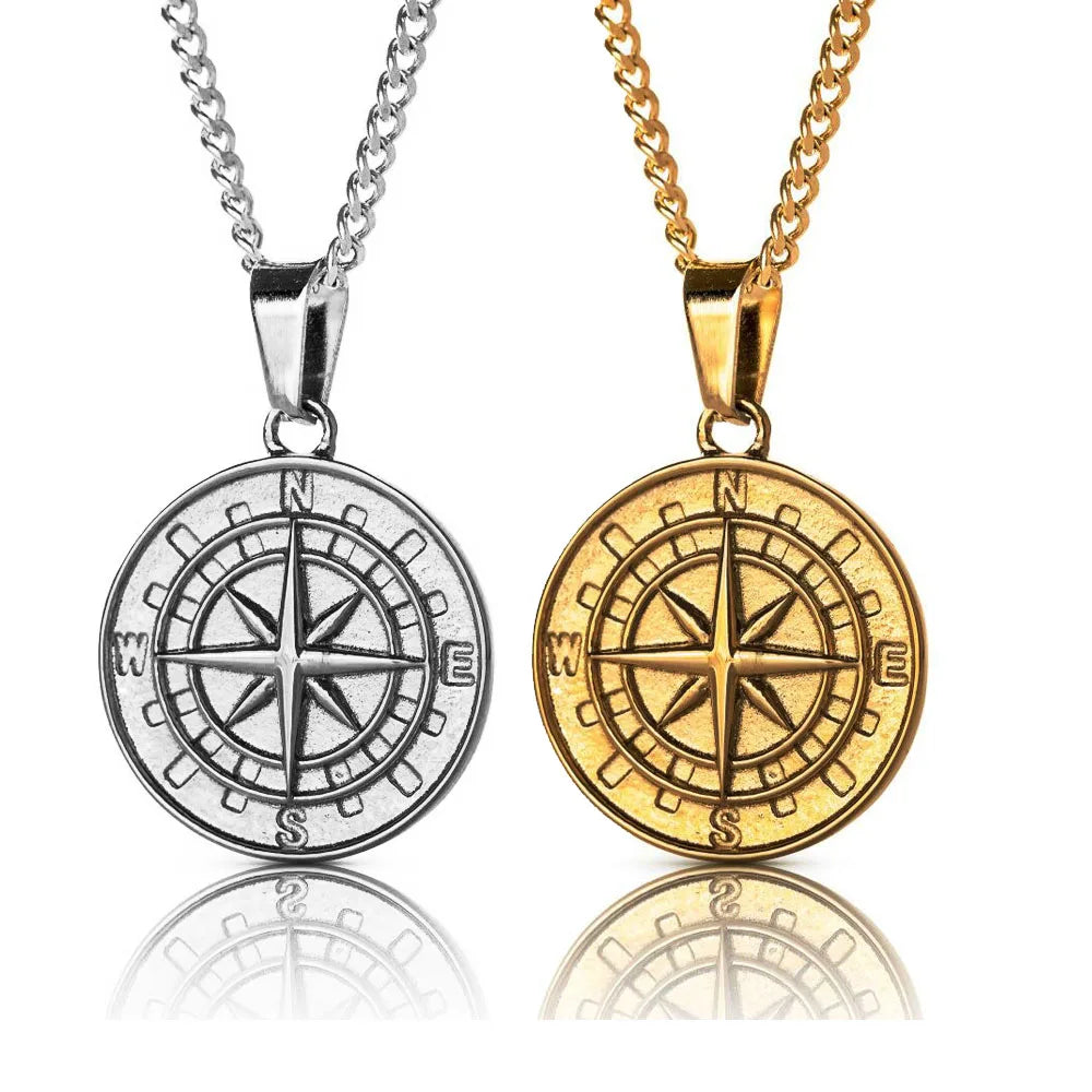 Custom Greek Medusa Necklace Stainless Steel Travel Carftd Men Jewelry PVD 18k Gold North Star Compass Men Necklace
