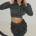 Custom 2 Piece Cargo Pockets Ladies Mini Skort Skirts Acid Washed Crop Hoodie and Skirt Set Women