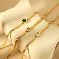 Fashion 18K Gold Plated Stainless Steel Embedded Green Heart Zirconia Flat Snake Chain Bracelet for Women