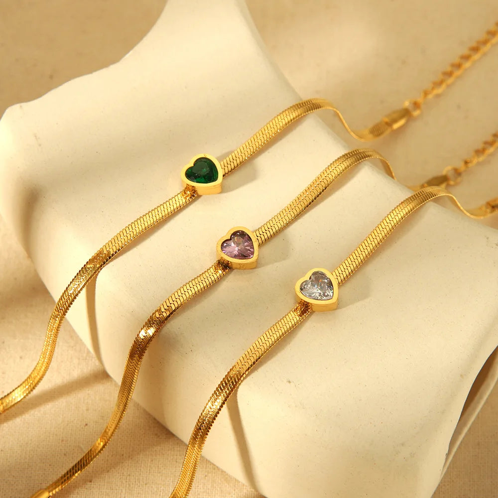 Fashion 18K Gold Plated Stainless Steel Embedded Green Heart Zirconia Flat Snake Chain Bracelet for Women