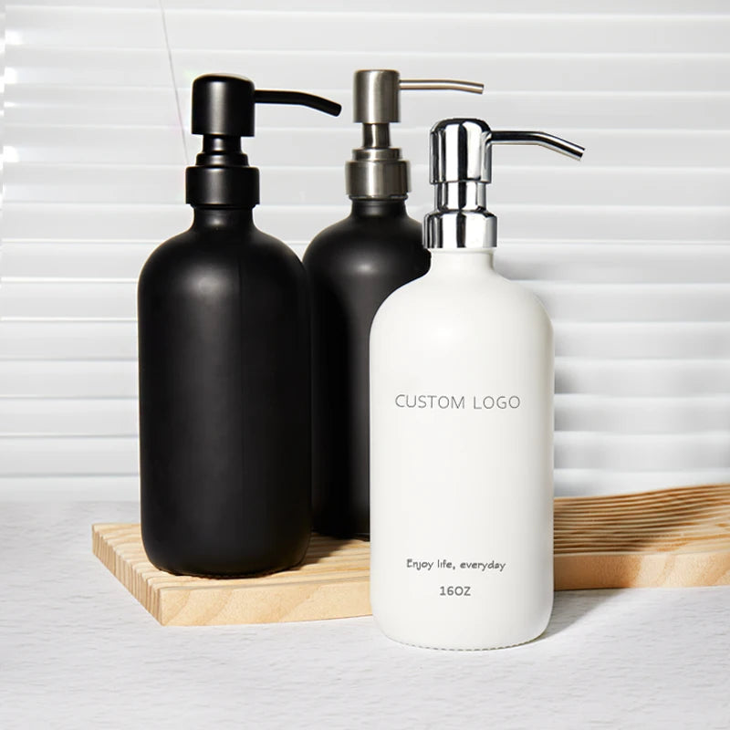 16oz Black and White Luxury Boston Round Shampoo Foaming Hand Dish Soap Dispenser Glass Bottle with Pump
