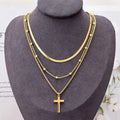 Trendy Christian Stainless Steel 3-Layered Women's Gold Plated Box Snake Chain Cross Pendant Wedding Necklace Gifts Factory