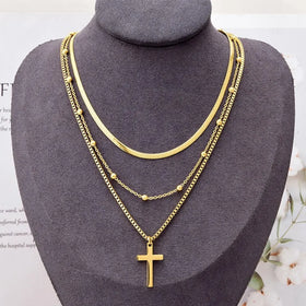 Trendy Christian Stainless Steel 3-Layered Women's Gold Plated Box Snake Chain Cross Pendant Wedding Necklace Gifts Factory