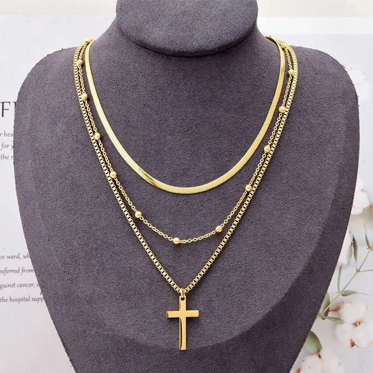 Trendy Christian Stainless Steel 3-Layered Women's Gold Plated Box Snake Chain Cross Pendant Wedding Necklace Gifts Factory