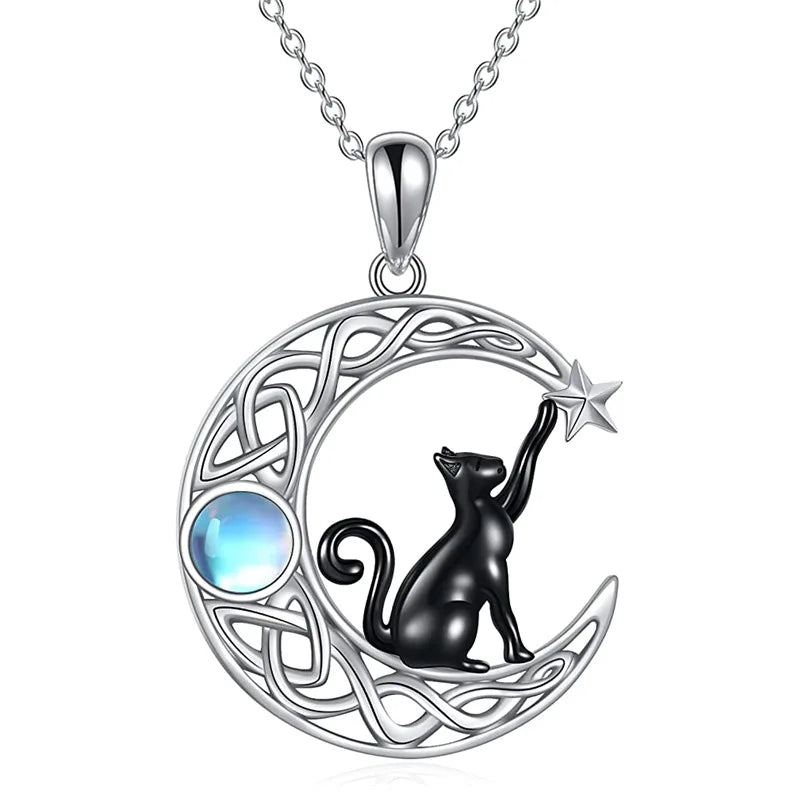 New Fashion Celtic Moon Star Black Cat Stone Pendant Necklace for Women Charms Jewelry