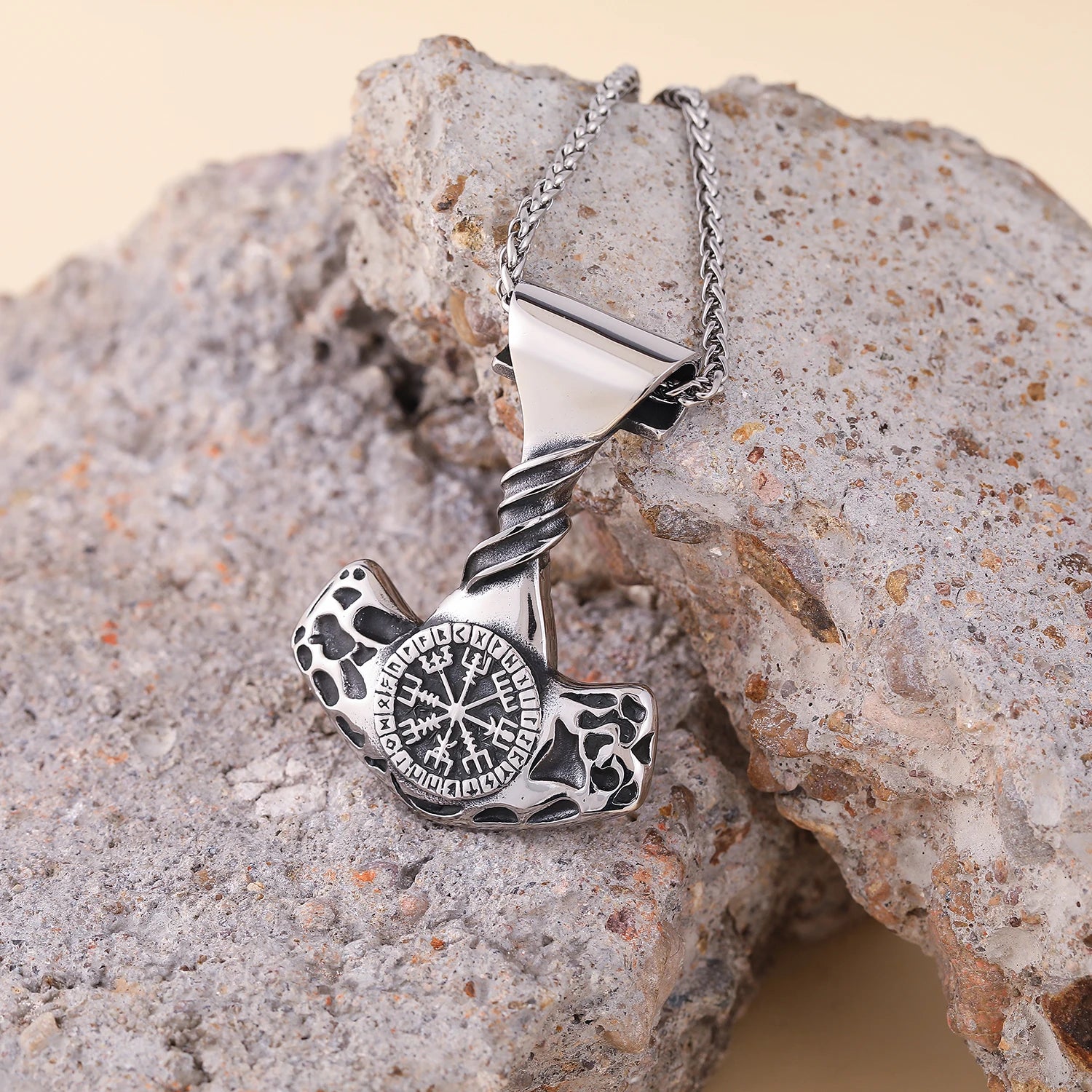 Men Nordic Viking Runes Vegvisir Mjolnir Pendant Necklace Stainless Steel Helm of Awe Jewelry