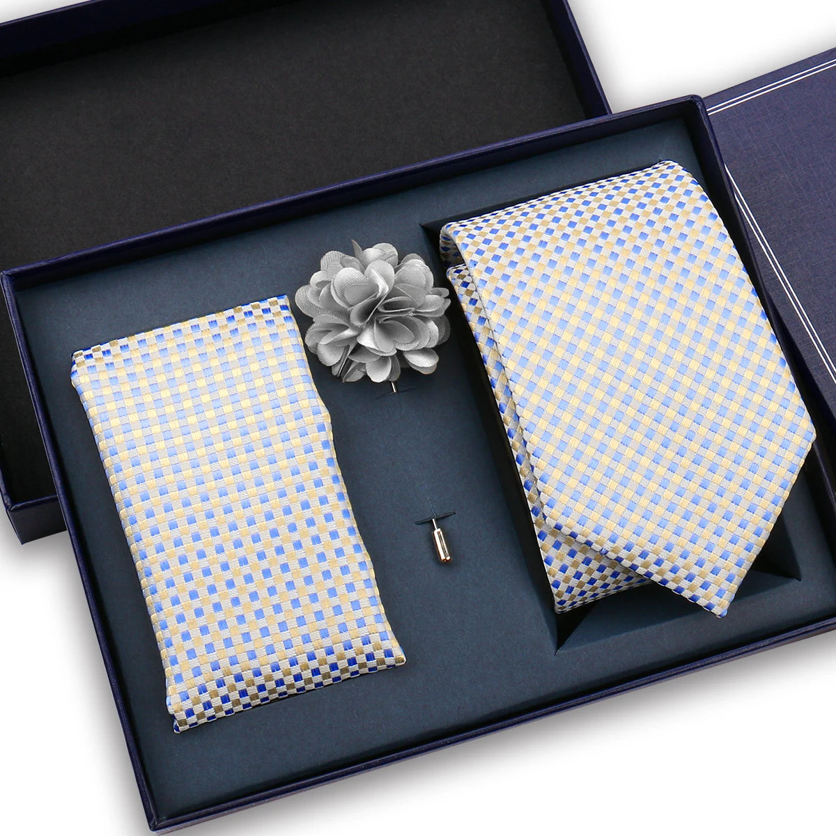 Factory Direct Men's Necktie Gift Set with Pocket Square Brooch Luxury Polyester Tie Box Set for Wedding Parties