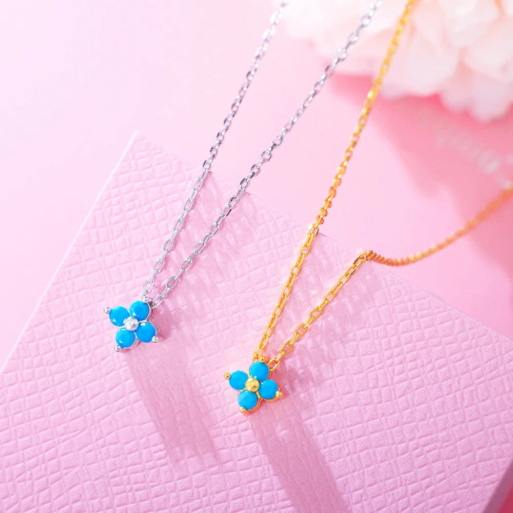Exquisite Small Flowers Yellow Gold Color Rolo Chain Link 925 Sterling Silver Turquoise Stone Necklaces for Women Summer