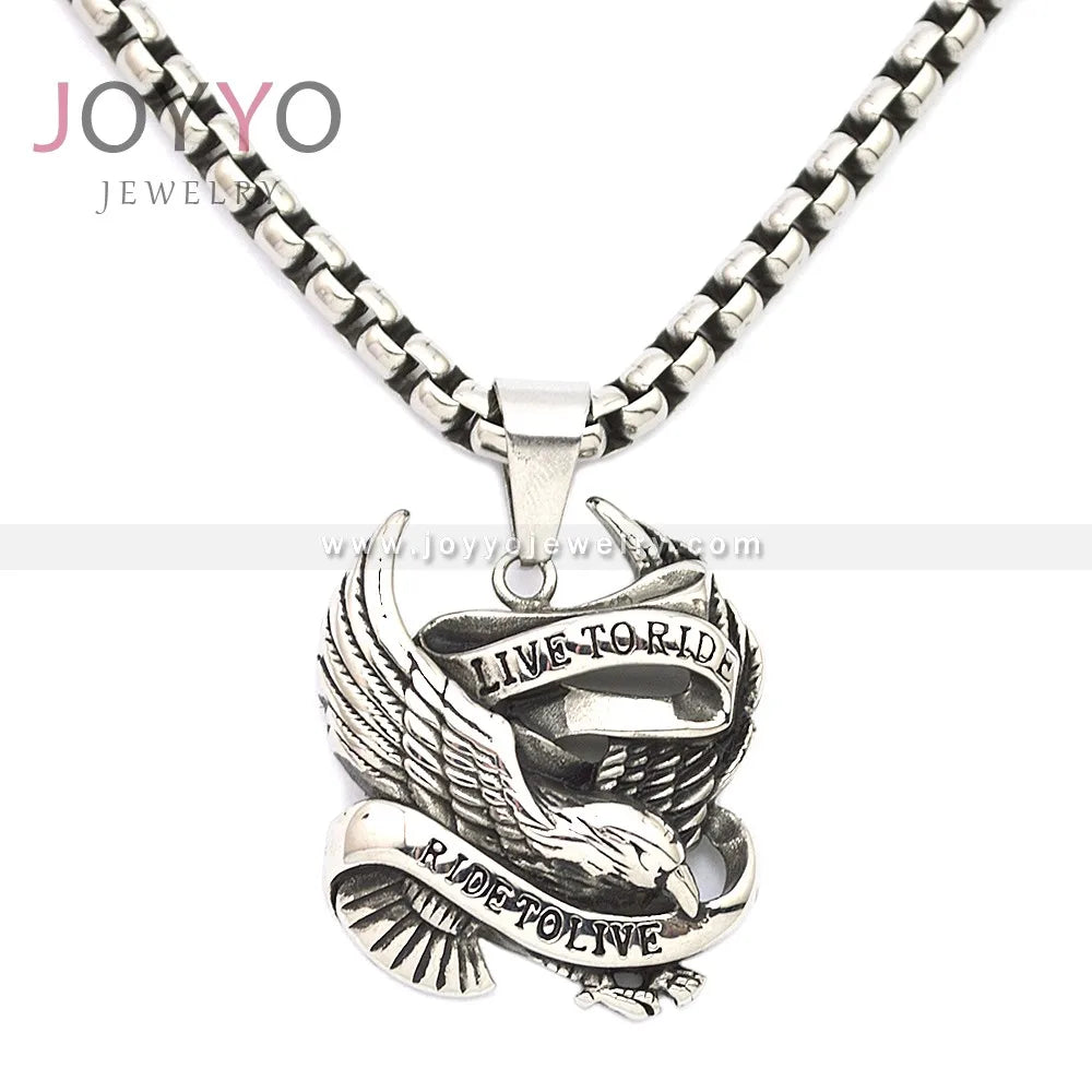 Ride to Live Wholesale Biker Jewelry Stainless Steel Silver Color Eagle Biker Pendant Men Stainless Steel Pendant Necklace