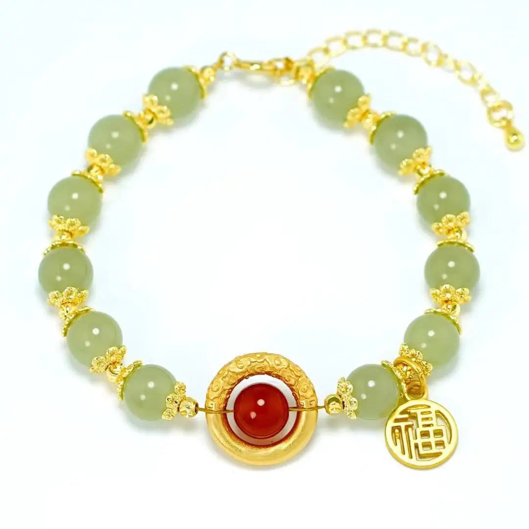 Fashion Imitation Hetian Jade Bracelet Red Agate Jade Beaded Bracelet Freshwater Pearl Green Aventurine Stone Pendant Bracelet