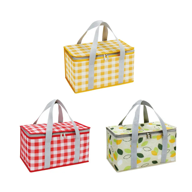 New Lattice Printed Flower Large Capacity Insulated Picnic Lunch Box Tote Aluminium Foil Collapsible Cooler Bags
