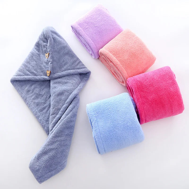 Solid Color Double Layer with Button Rapid-drying Coral Fleece Super Drying Double Thickness Microfiber Hair Turban Towel