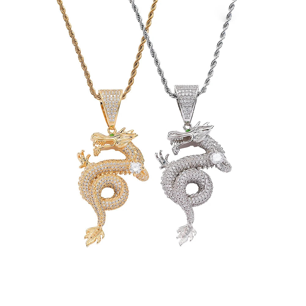 Fashion Trendy Men 18K Gold Iced Out Cz  Micro Insert Cubic Zircon Bling 3D Chinese Dragon Pendant Choker Necklace for Men