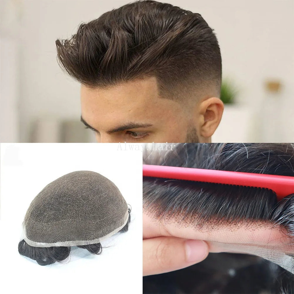 Bleached Knots Undetectable Hairline French Lace Hair System Men Indian Human Hair Toupee 100% Density 30mm Wave 64 Colors