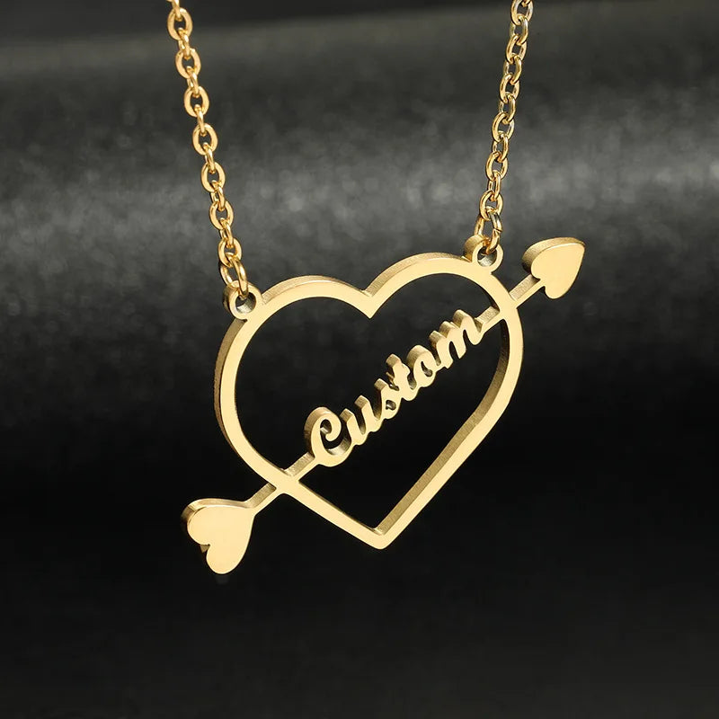 Qiuhan  Stainless Steel Love Cupid's Arrow Wear Heart Custom Name Nameplate Necklaces Couples Jewelry Gift