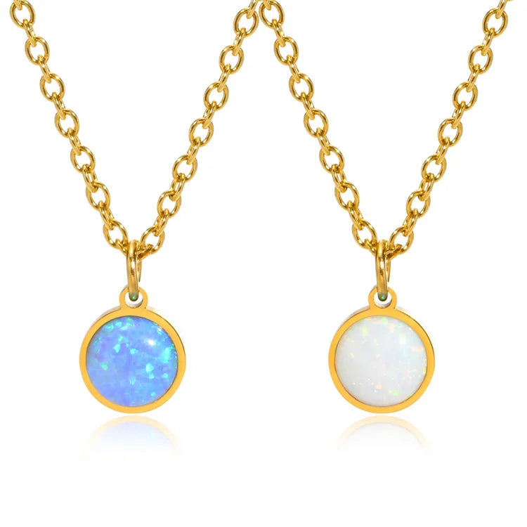 Delicate Stainless Steel Round Pendant Gold Plated Opal Stone Necklace