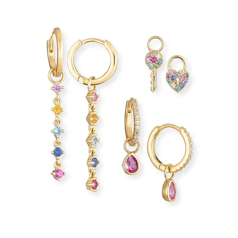 Gemnel Brass Jewelry Manufacturer Daily Wear Gold Plated Jewelry Brass Pendant  rainbow Zircon Jewelry Huggie Hoop Earring Sets
