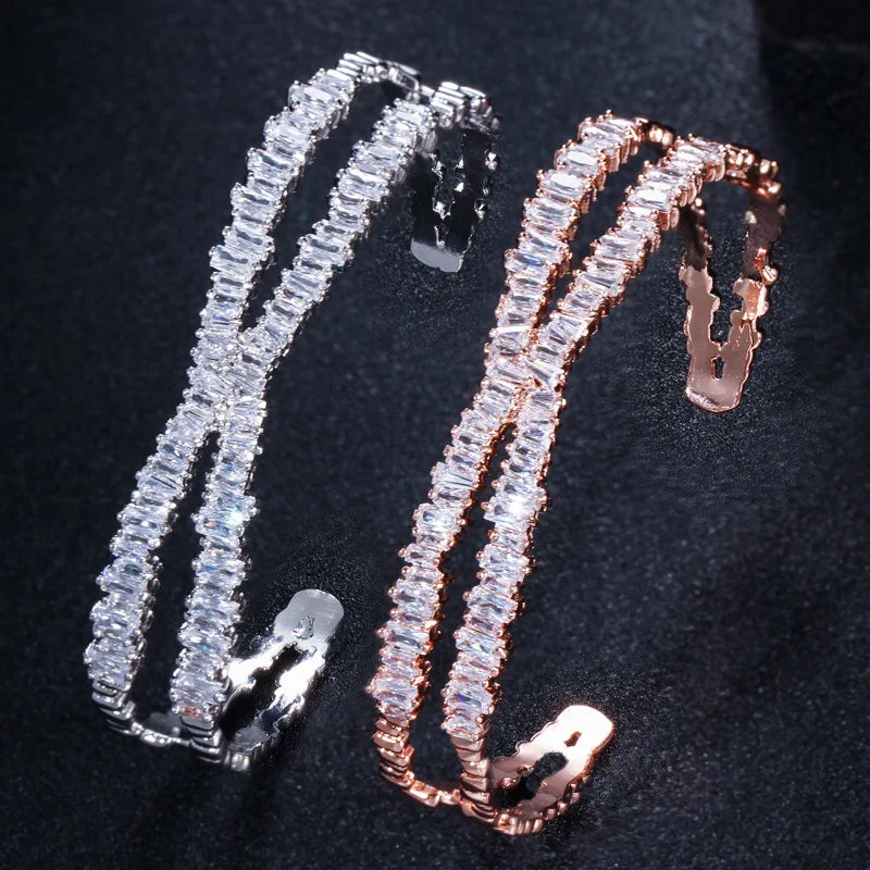 Fashion Trendy Jewelry Bright Rectangle Iced Out CZ Stone Cross Irregular Open Cuff  Bangle Bracelet for Women Birthday Gifts
