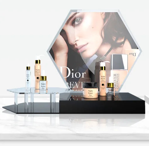 Handmade Modern Acrylic Display Stand Stainless Steel Floor Standing for Nail Skin Care & Cosmetic Retail Display for Garments