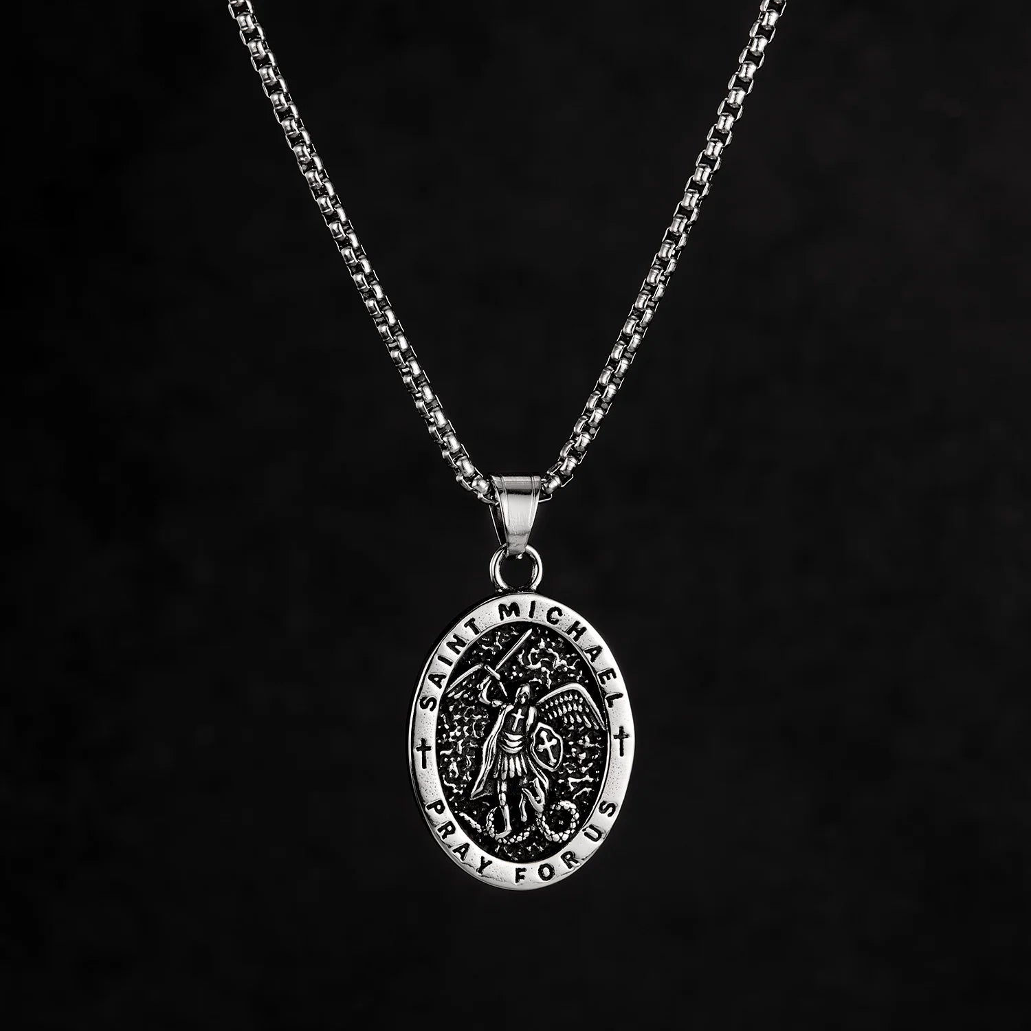Vintage Oval Shaped Stainless Steel Medal Pendant Necklace Religious Christian Faith Saint Michael Statue Design Jewelry