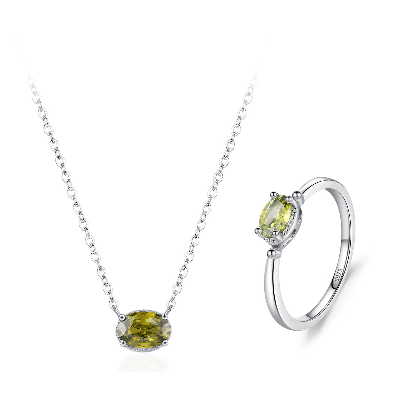 Women's Trendy 925 Sterling Silver Fine Jewelry Set Olive Green Zircon Pendant Necklace Clavicle Chain Ring for Weddings Parties