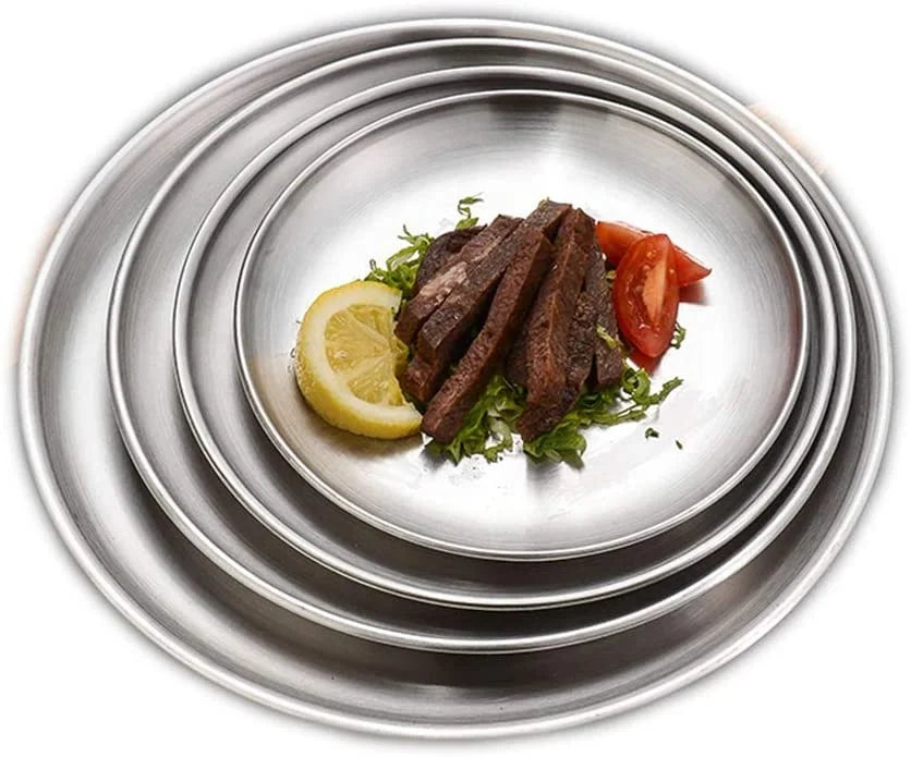 Reusable Brushed Metal 18/8 Dinner Plates Silver Color Heavy Duty Round Metal Plate