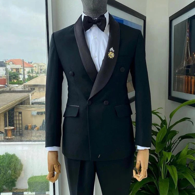 Elegant Double Breasted Men Suits Black Men Simple Clothes Full Sleeves Outdoor 2-Piece Travel Blazer Pant Tuxedos