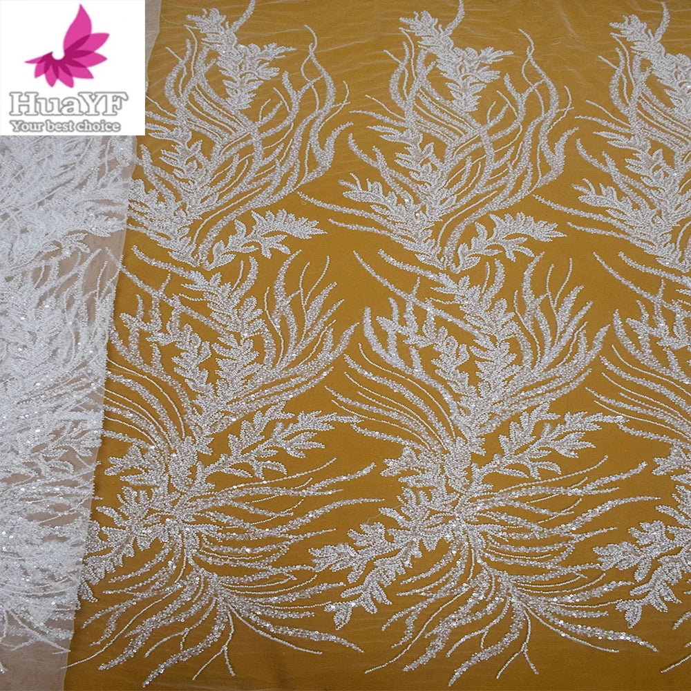 HY2184 Best-selling 3d Lace Nigeria Luxury Beads Embroidered Lace Sequins Lace Super Pure White Wedding Dress Tulle Fabric