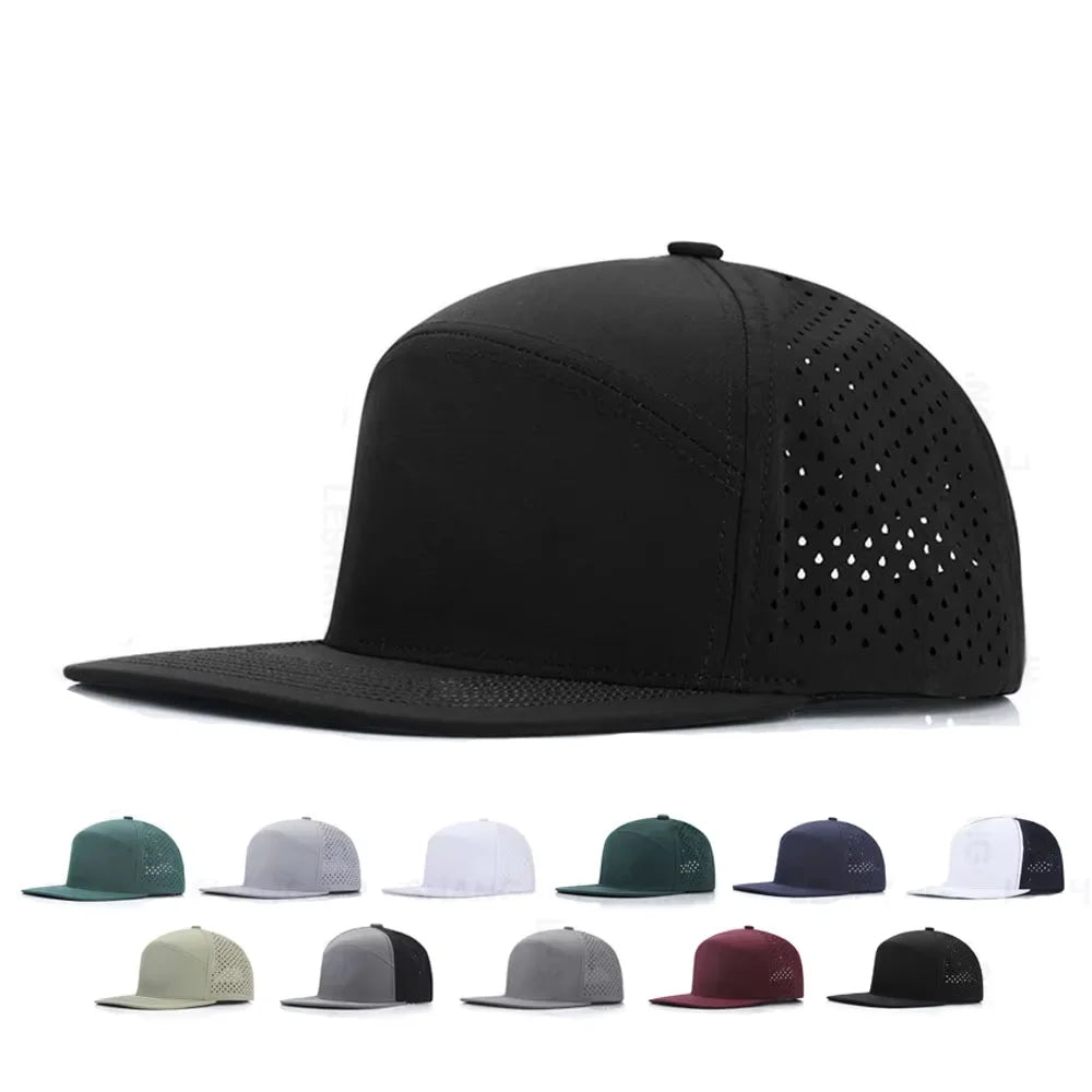 Fashion Quick Dry Waterproof Laser Cut Holes Perforated Flat Brim Snapback Cap Custom Logo 6 Panel Polyester Mesh Trucker Hats
