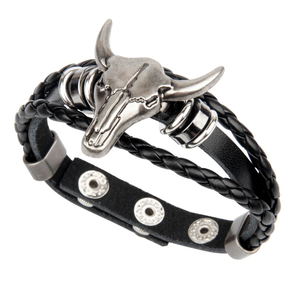 Hot Selling Forever Punk Rock Black Ball Bull Head Braided Leather Bracelet Trendy Non-Mainstream Unisex Wedding Fashion Charm