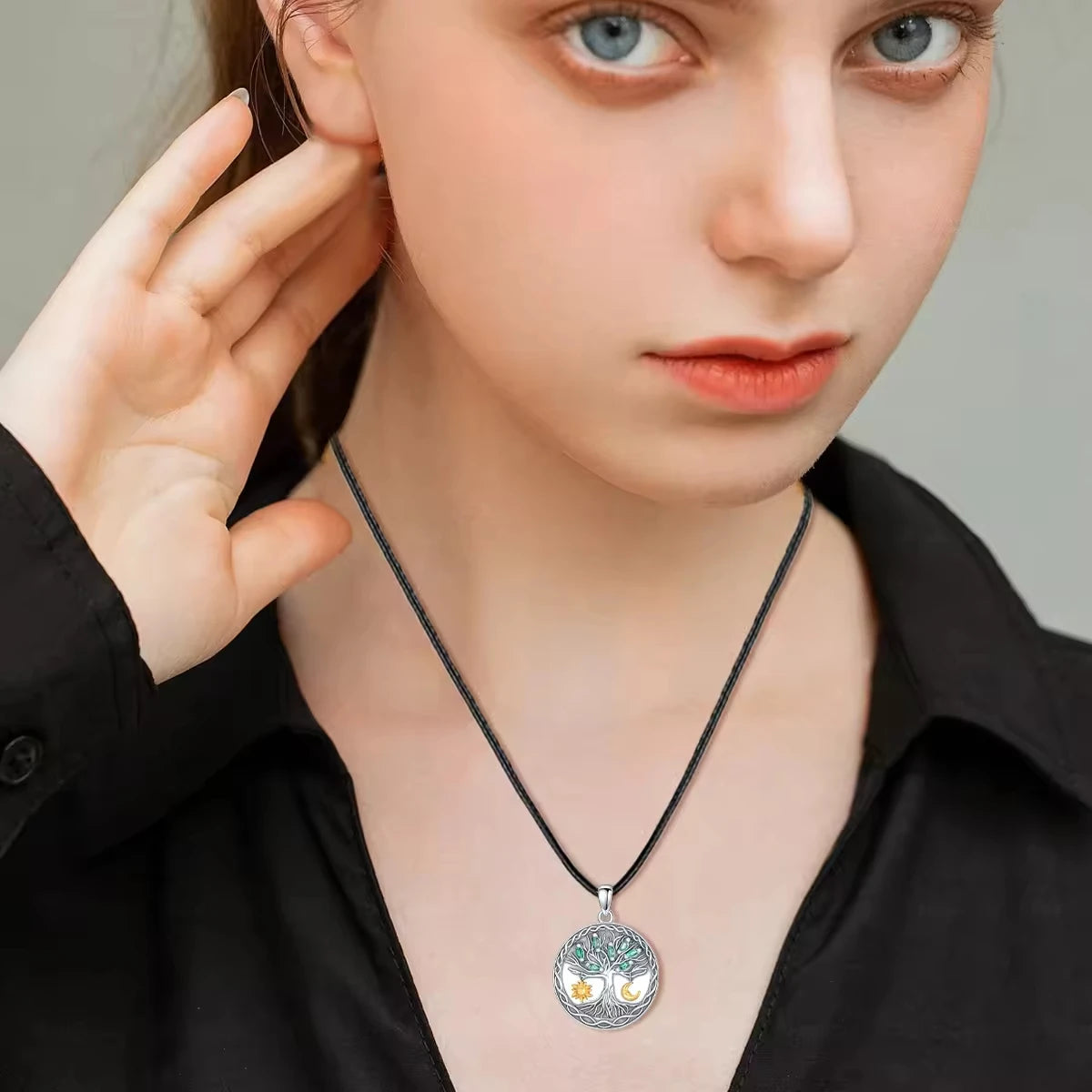 925 Sterling Sliver Leather Chain Oxidized Tree of Life Moon and Sun Pendant Necklace