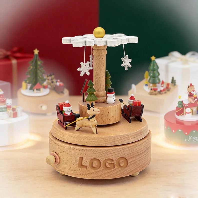Beech Wood Christmas Music Box with Rotating Snowflake Merry Go Round Christmas Decorative Christian Music Boxes