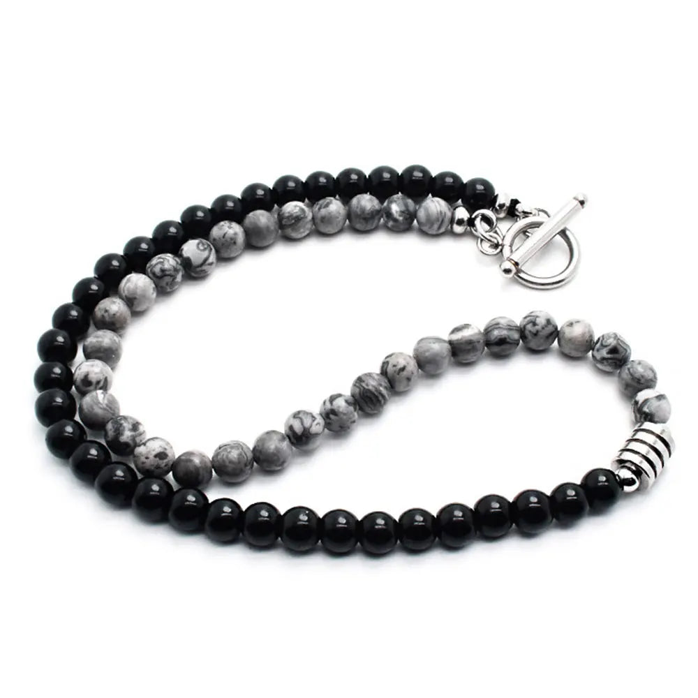 Fashion Natural Black tiger Eye Grey Gem Stone Beads Chain Men's Necklace Stone Jewelry Stones Beads Necklaces for Men Handmade
