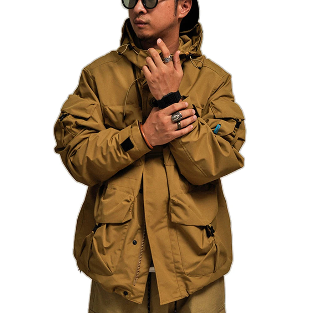 Custom Men's Coated Windbreaker Jackets Nylon Eco-Friendly Lightweight Outdoor Loose Multiple Pocket Waterproof Hooded Cartoon