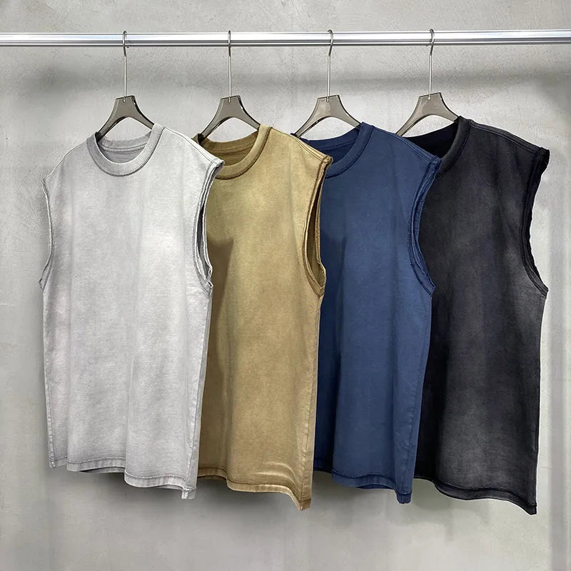 Batik Distressed t Shirt Washed Waistcoat Vest for Men American Street Style Retro Short Sleeves  Tshirt Men