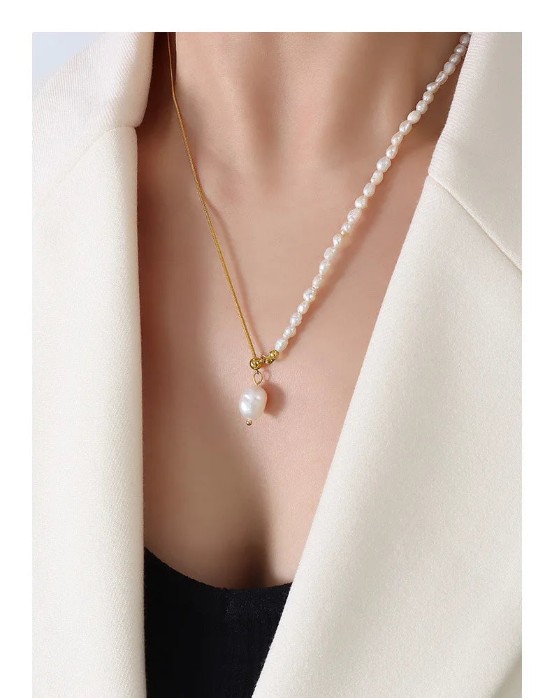 New Fashion Freshwater Pearl Beads Stainless Steel Snake Chain Chokers Adjustable Necklace for Women