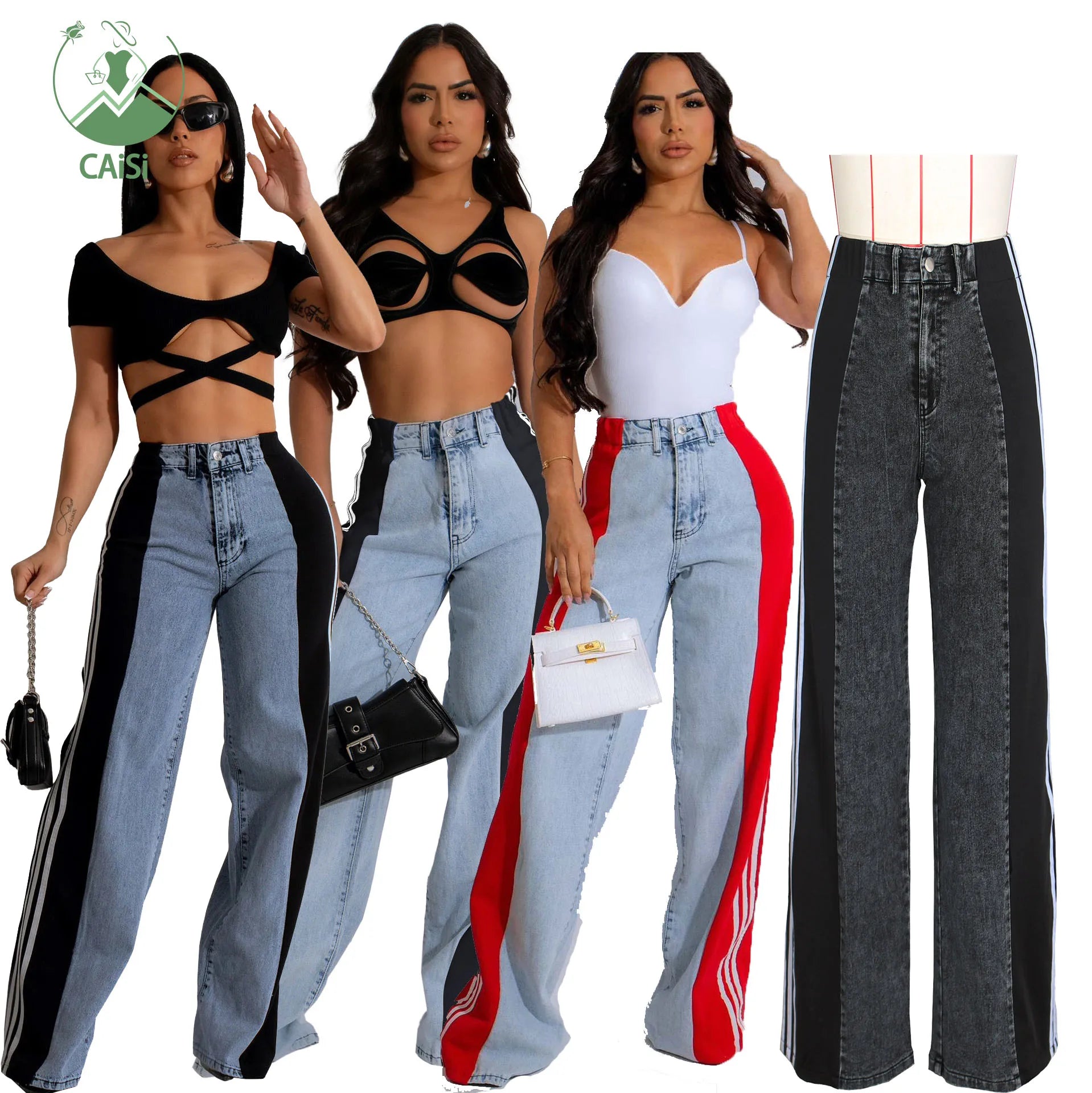 Hot Side Striped Jeans Women's Pants 2024 Fall Clothing Trendy High Waist Patchwork Wide Leg Pants Straight Denim Tourse