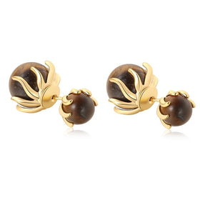 Premium Trendy Vintage Brass Electroplated 18K Gold Double-Sided Stud Inlaid Tiger's Eye Stone Earrings Jewelry Gifts Customized