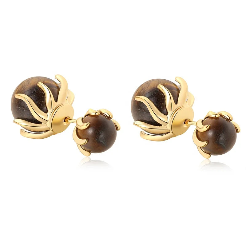 Premium Trendy Vintage Brass Electroplated 18K Gold Double-Sided Stud Inlaid Tiger's Eye Stone Earrings Jewelry Gifts Customized